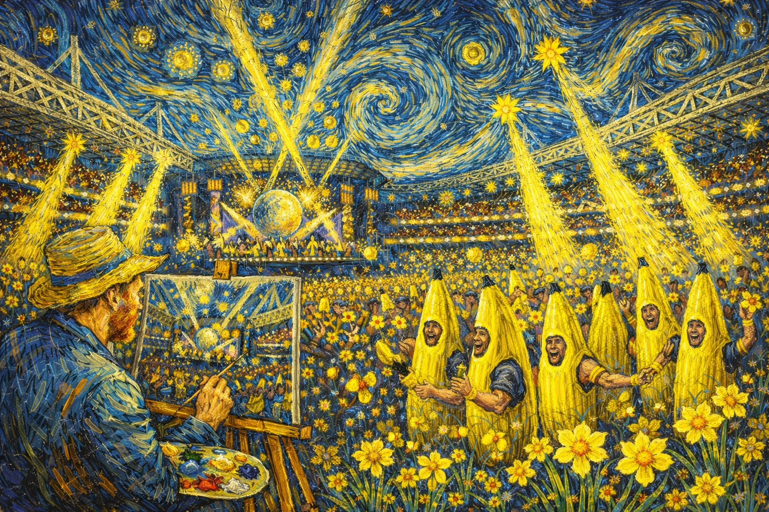 Vincent van Gogh painting a Coldplay concert at the Principality Stadium in Cardiff under a swirling starry night sky, with yellow fireworks, daffodil-shaped spotlights, and fans dressed as bananas.
