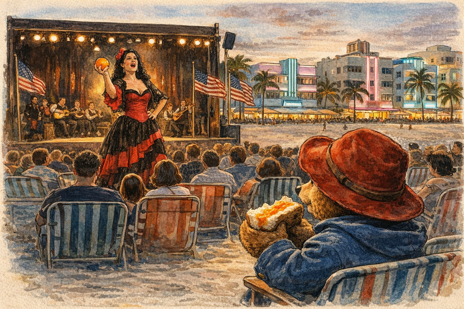 Illustrated scene of Carmen performing with an orange on a Miami Beach stage while Paddington Bear sits in the foreground eating a marmalade sandwich, with Art Deco buildings behind.