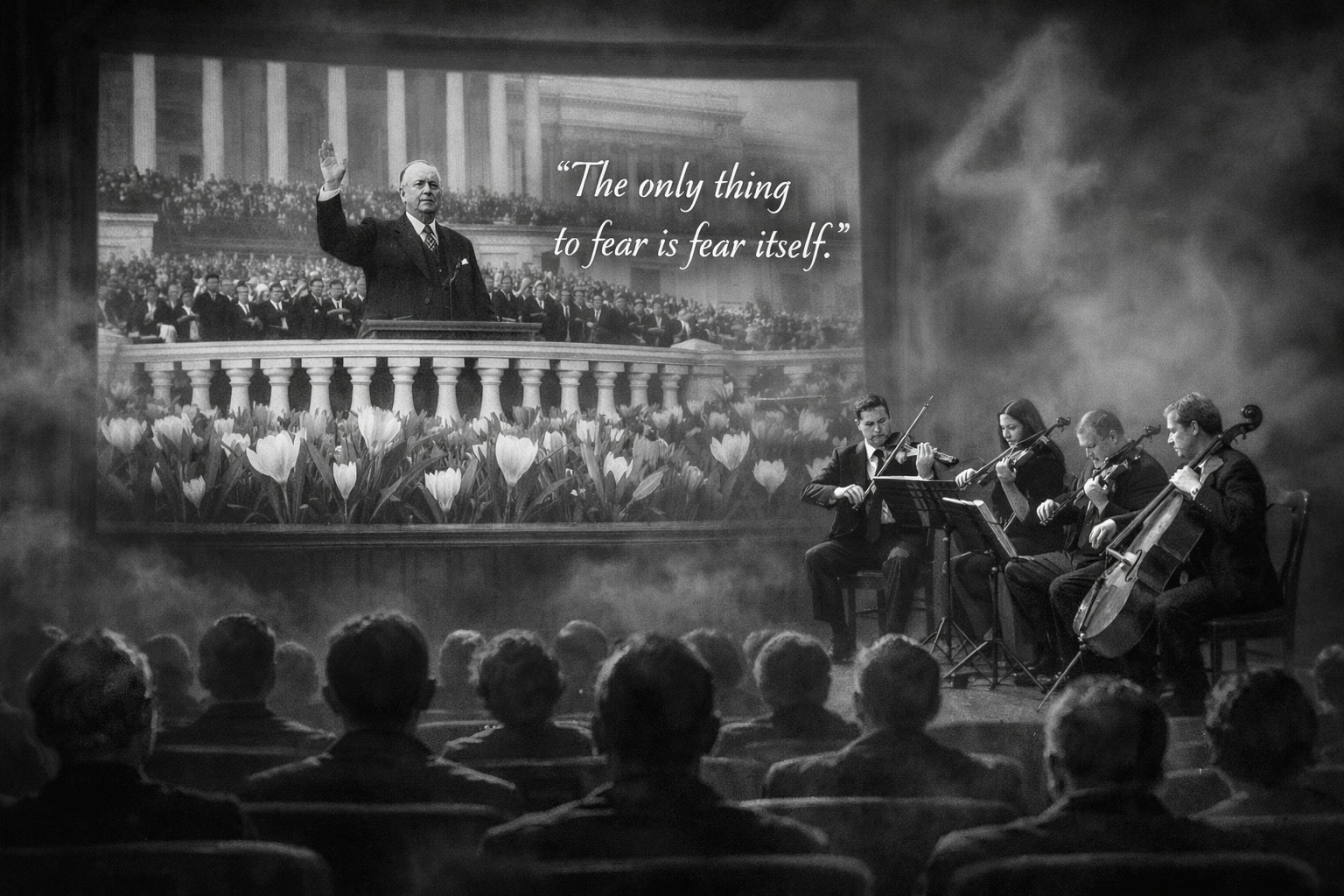 Black and white cinema scene showing a newsreel of Franklin D. Roosevelt’s 4 March 1933 inauguration with the quote “The only thing to fear is fear itself”, while a string quartet plays Vivaldi’s Four Seasons beside the screen.