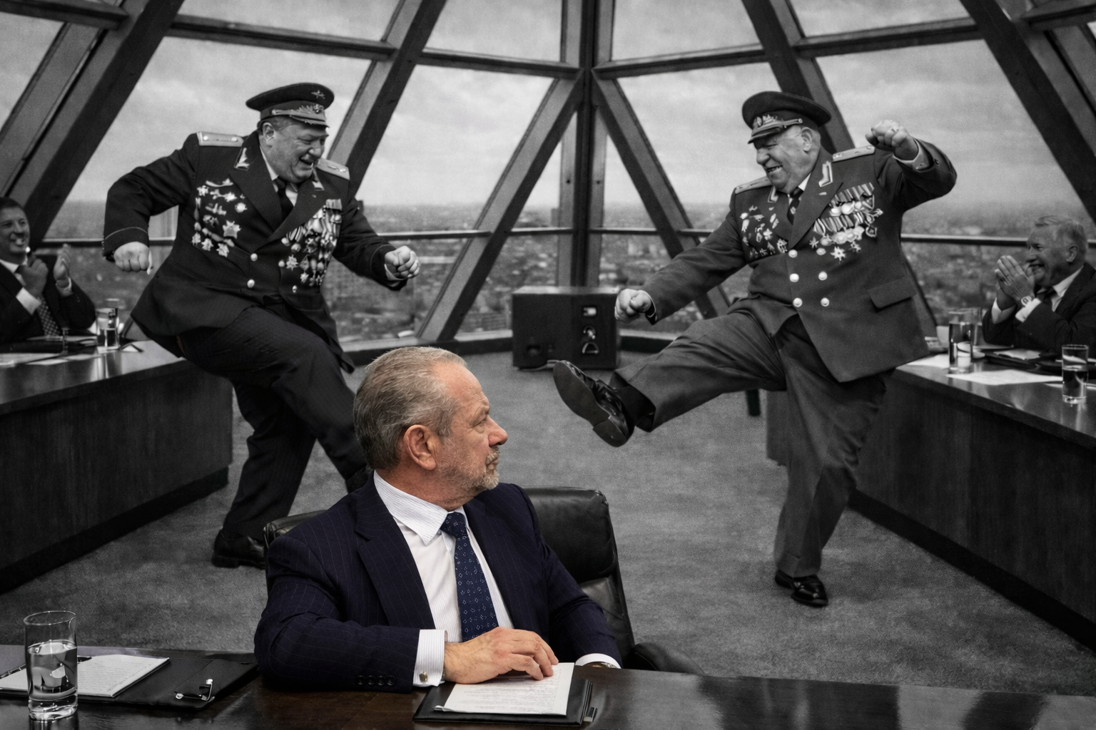 Surreal montage showing Malenkov and Khrushchev dancing in Soviet military uniforms to Prokofiev’s Dance of the Knights behind Alan Sugar in the Canary Wharf Apprentice boardroom.