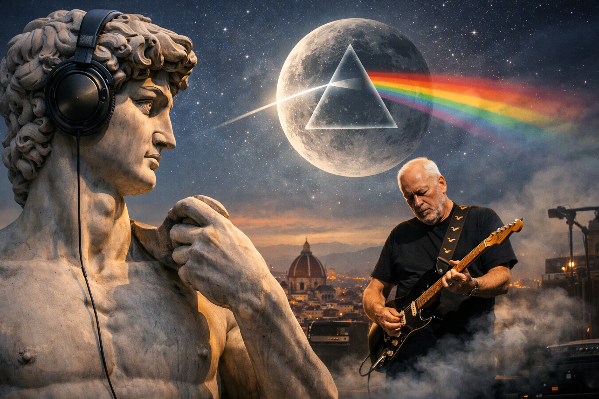 Two Davids. One birthday. 🎨 Michelangelo, born 6 March 1475, created the legendary David. 🎸 David Gilmour, born 6 March 1946, shaped the sound of The Dark Side of the Moon. A Renaissance statue. A progressive rock guitarist. Two Davids linked by art, light, and the same moon.