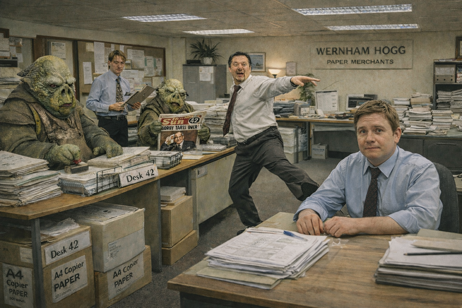 David Brent dancing in the Wernham Hogg office while Vogons stamp paperwork and read a Sun newspaper headline about Gorbachev taking power, with Tim Canterbury looking at the camera