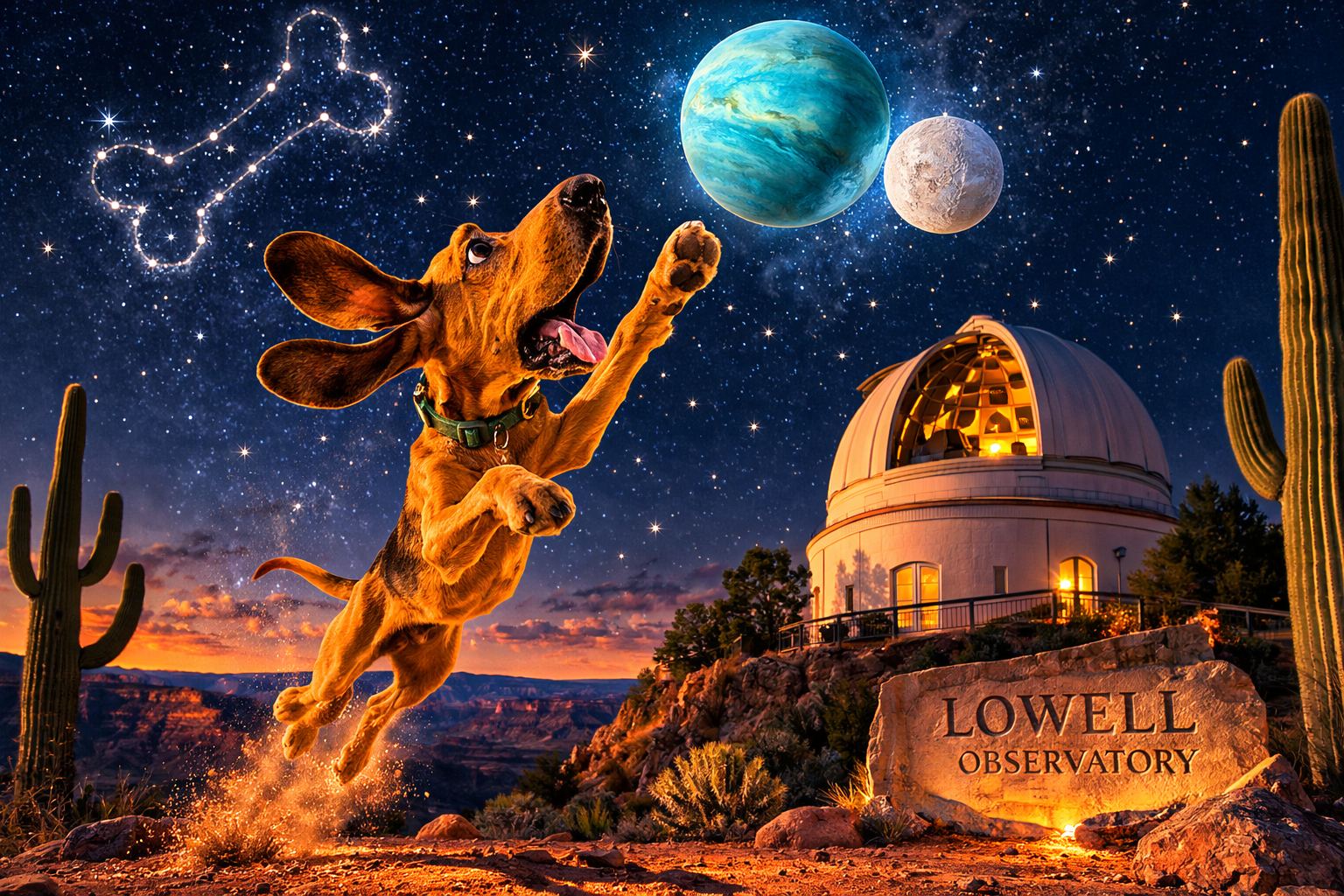 A night scene in the Arizona desert near Lowell Observatory shows a long-eared dog leaping toward two glowing planets in the sky. Uranus appears larger and turquoise-blue, while Pluto is smaller and pale. Stars form a dog-bone constellation above the observatory dome, with desert rocks and cacti surrounding the scene.