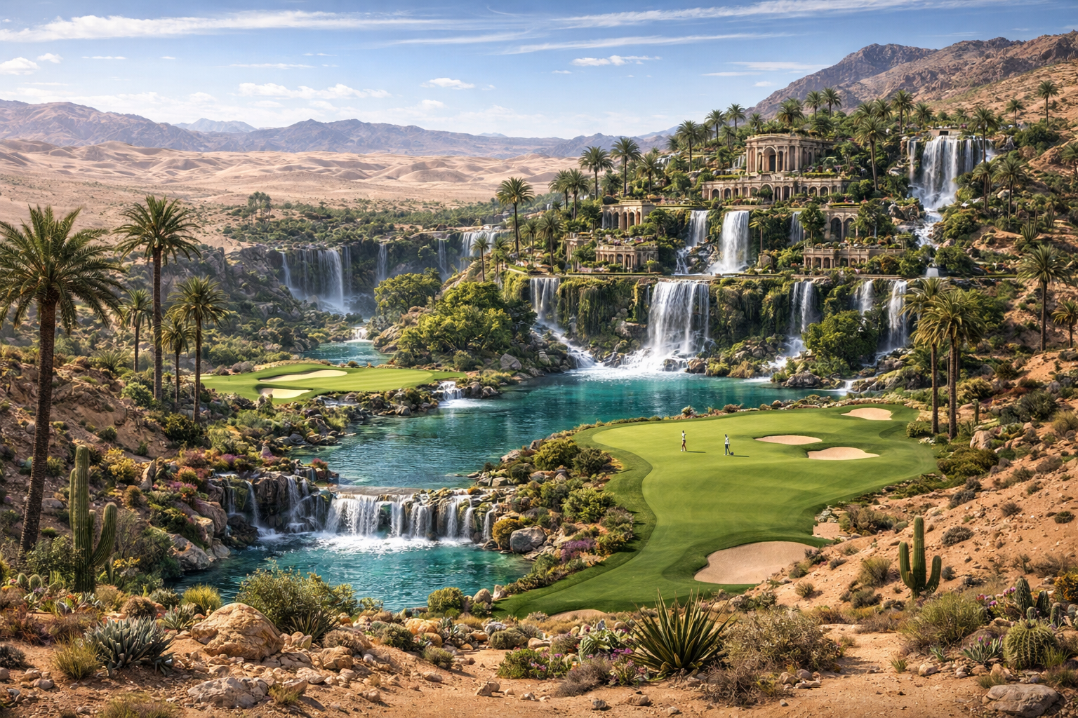 A lush mythical golf course inspired by the Hanging Gardens, filled with terraces, greenery, fountains and waterfalls, surrounded on all sides by dry desert and water scarcity.