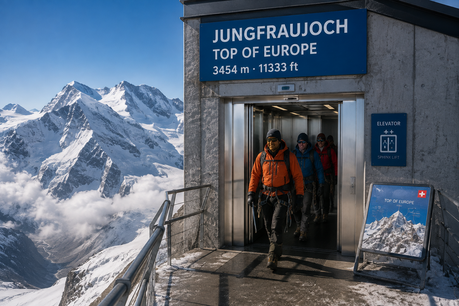 Mountaineers emerging from the Sphinx Lift at Jungfraujoch Top of Europe, symbolising the link between the first ascent of the Jungfrau and Elisha Graves Otis's contribution to safe vertical travel.