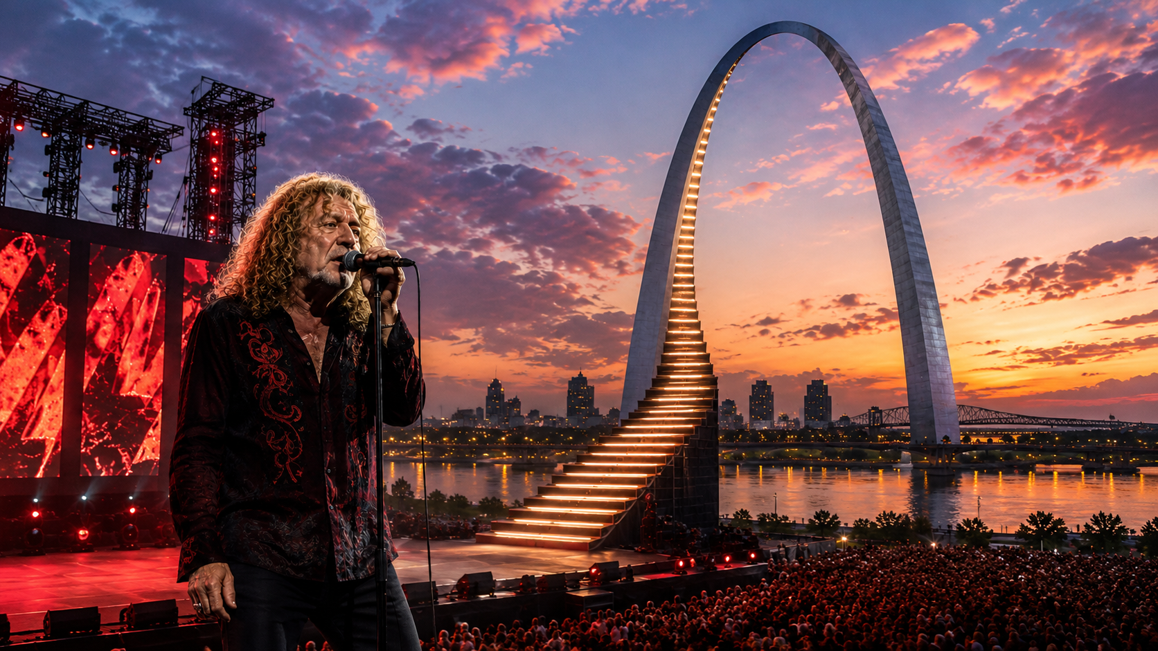 Robert Plant performing beside a stairway leading towards the Gateway Arch in St Louis