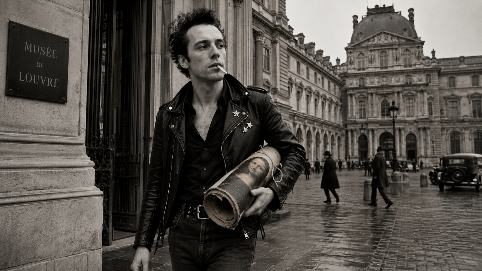 Joe Strummer walking out of the Louvre carrying a rolled-up Mona Lisa under his arm.