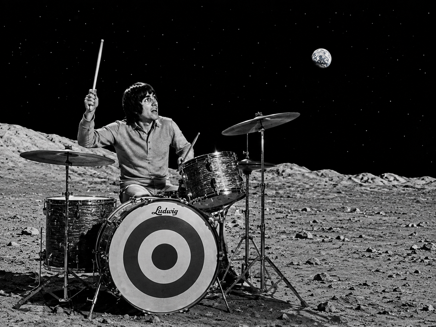 Keith Moon playing drums on the lunar surface with the Earth visible in the distance.