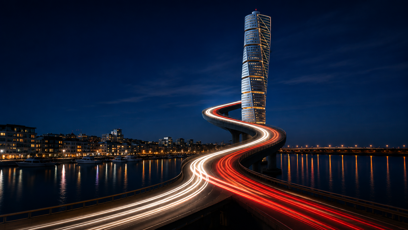 Turning Torso in Malmö at night with a spiralling road and crossing red and white traffic light trails.