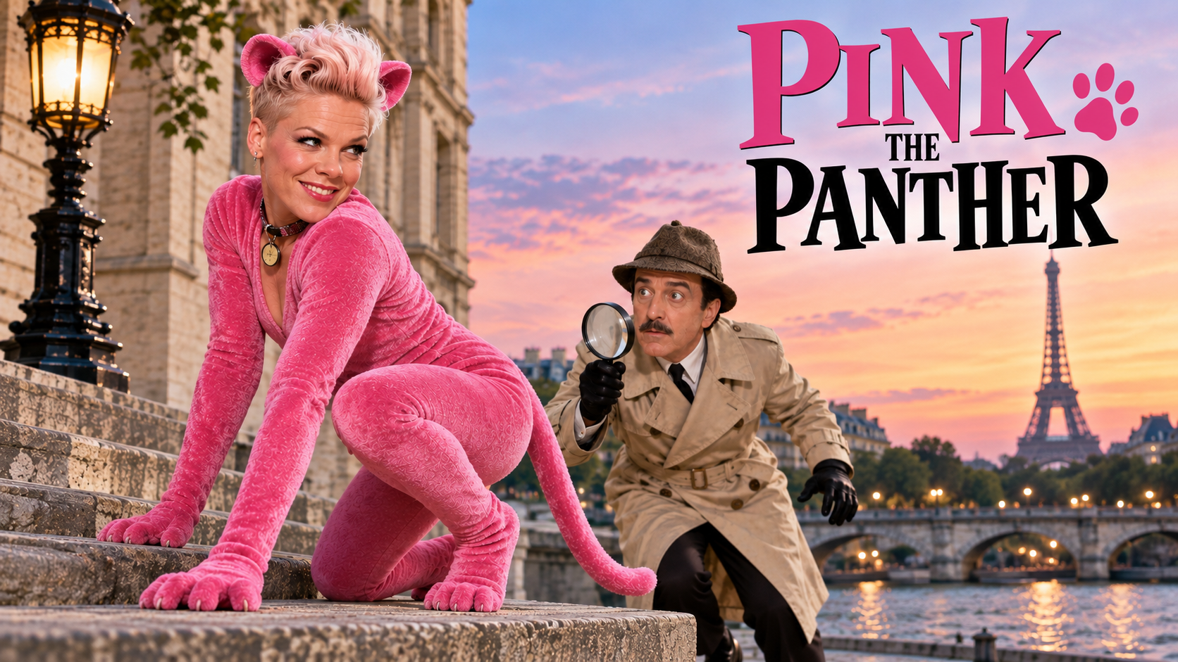 Pink dressed as the Pink Panther while Peter Sellers as Inspector Clouseau pursues her through Paris.