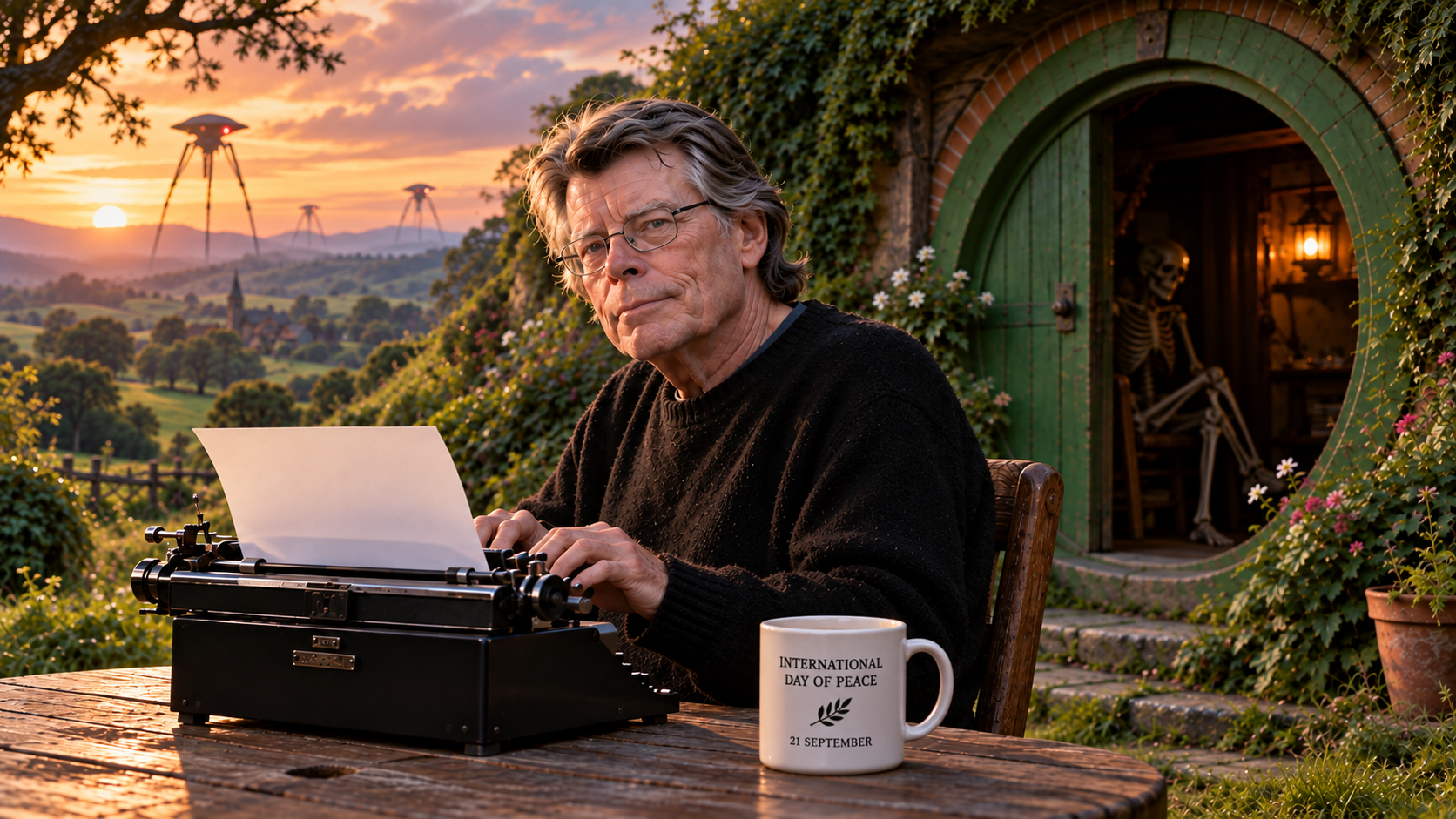 Stephen King typing outside a hobbit house as Martian tripods cross the landscape, marking three literary connections to 21 September.