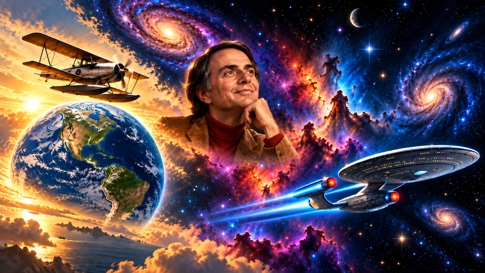 Vintage aircraft above Earth, Carl Sagan surrounded by the cosmos, and a futuristic starship travelling through deep space.