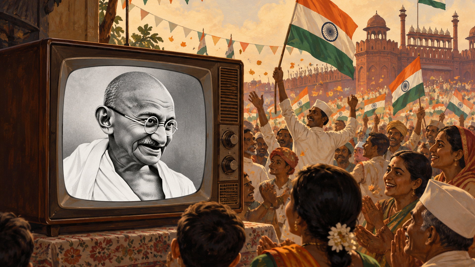 A vintage wooden television displays a black-and-white portrait of Mahatma Gandhi, surrounded by crowds celebrating Indian independence, waving Indian tricolour flags against a backdrop of historic Indian architecture.
