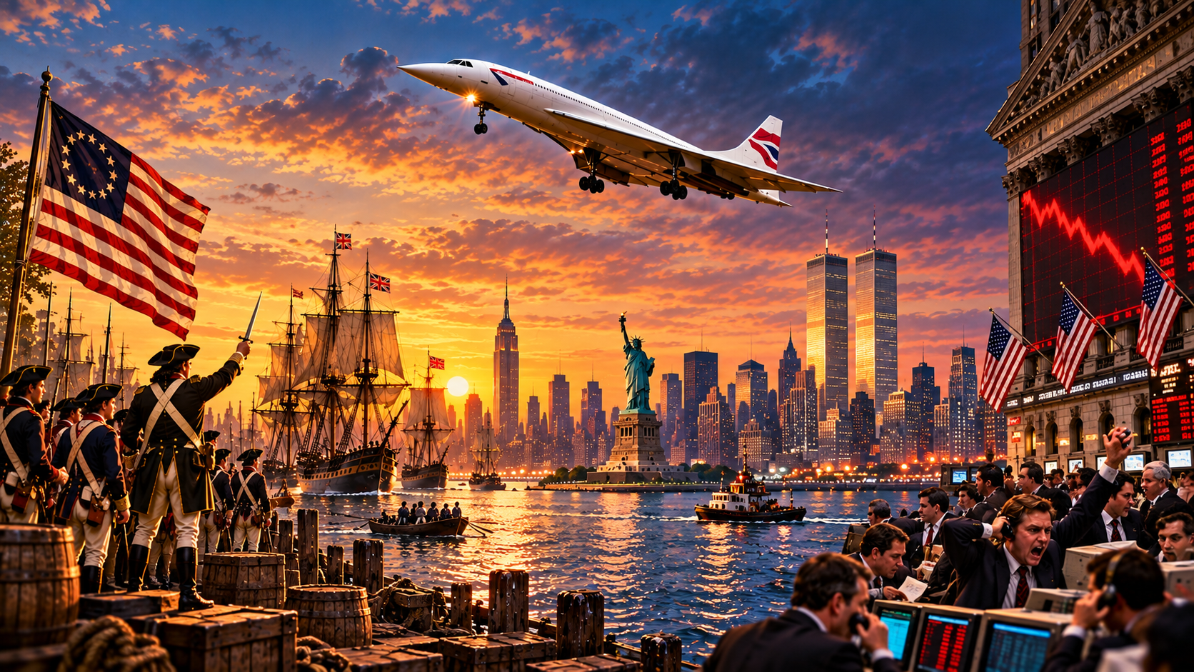 A composite illustration of three historic events linked to New York City on 19 October. American Revolutionary War soldiers and sailing ships represent the British relief expedition departing New York in 1781, too late to prevent the surrender at Yorktown. Concorde flies above Manhattan, marking its landmark arrival in 1977. The Statue of Liberty and Twin Towers stand against the skyline, while distressed stock traders and a plunging red graph represent the Black Monday crash of 1987.