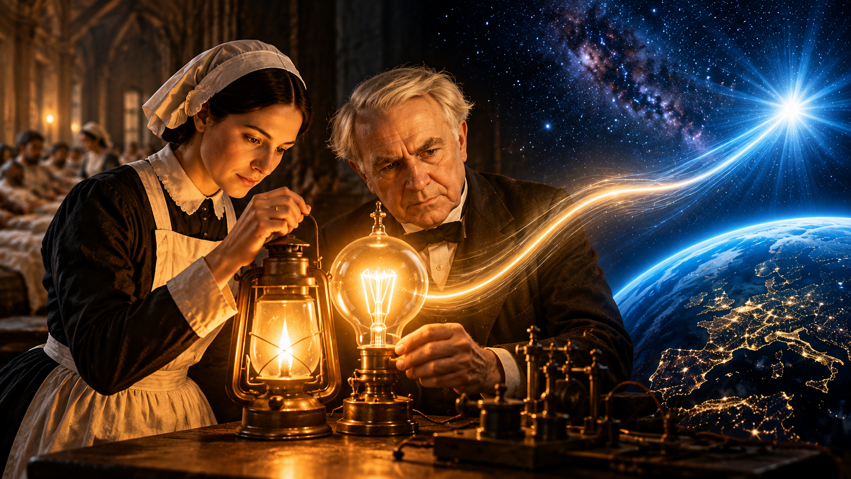 Florence Nightingale and Thomas Edison stand side by side, their glowing oil lantern and incandescent electric bulb almost touching. A golden ribbon of light flows from the two lamps into a brilliant blue starburst above the illuminated Earth, symbolising the evolution of light from nursing and electrical invention to the scientific measurement of distance.