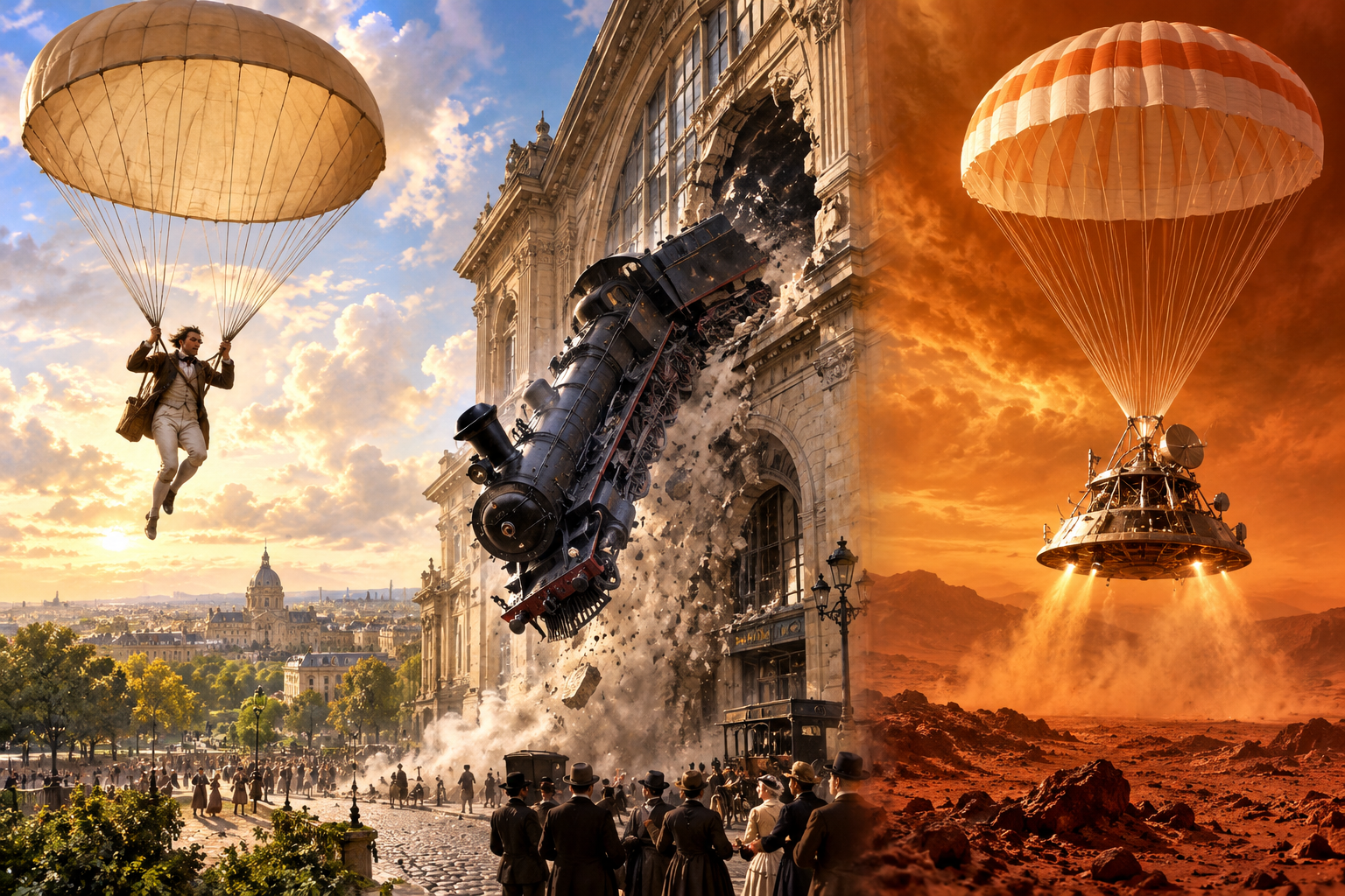 A dramatic composite illustration of three events from 22 October. An eighteenth-century parachutist descends above Paris on the left. In the centre, a black steam locomotive bursts through the wall of Montparnasse station and falls towards the street. On the right, a Soviet space probe descends beneath a parachute towards the orange, rocky surface of Venus. The sky transitions from golden Parisian sunlight to the fiery atmosphere of Venus.