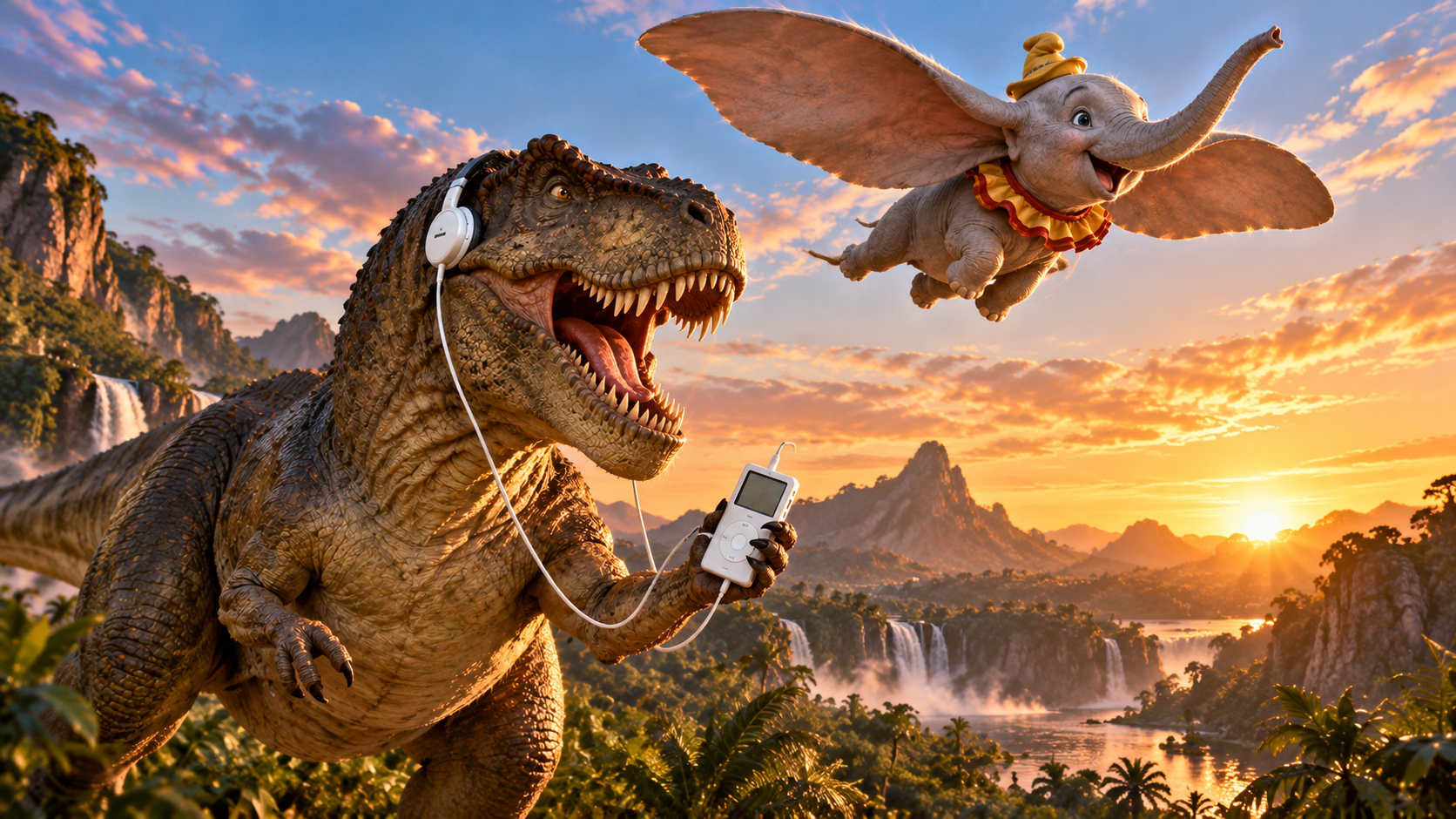 A smiling Tyrannosaurus rex wearing white headphones holds a portable digital music player while a cheerful baby elephant flies overhead using its enormous ears. The two animals appear in a lush prehistoric landscape with waterfalls, jungle-covered cliffs and a golden sunset.